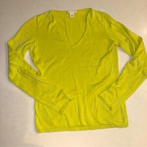 White and Warren Small Lime Green V Neck Cotton Sweater Rolled Sleeve Hem